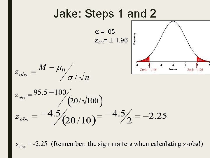 Jake: Steps 1 and 2 α =. 05 zcrit= 1. 96 zobs = -2.