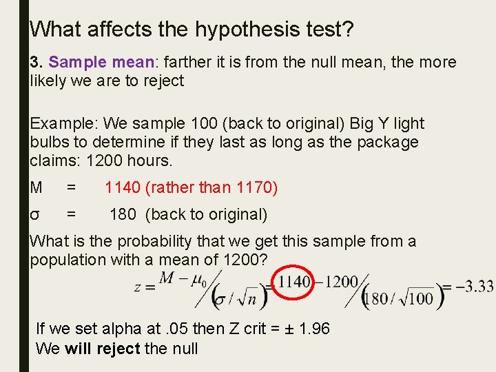 What affects the hypothesis test? 3. Sample mean: farther it is from the null