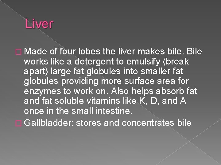 Liver � Made of four lobes the liver makes bile. Bile works like a