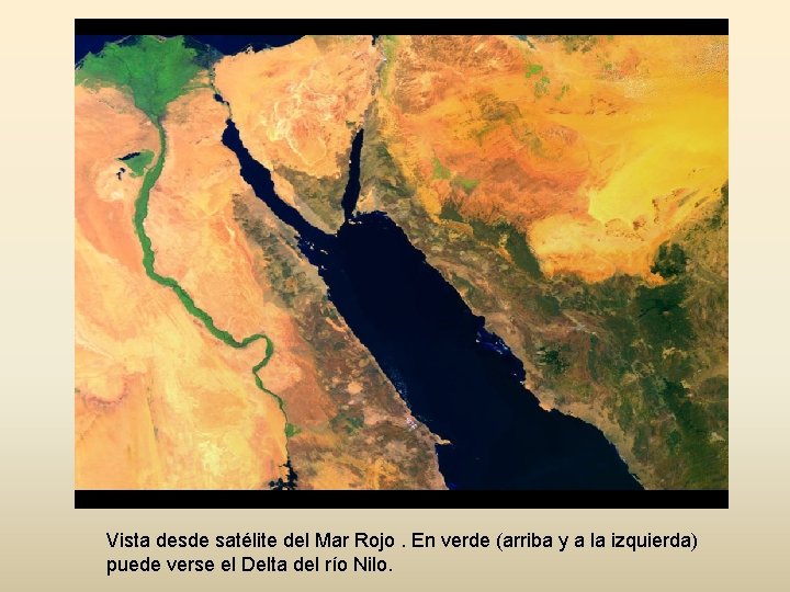 Vista desde satélite del Mar Rojo. En verde (arriba y a la izquierda) puede
