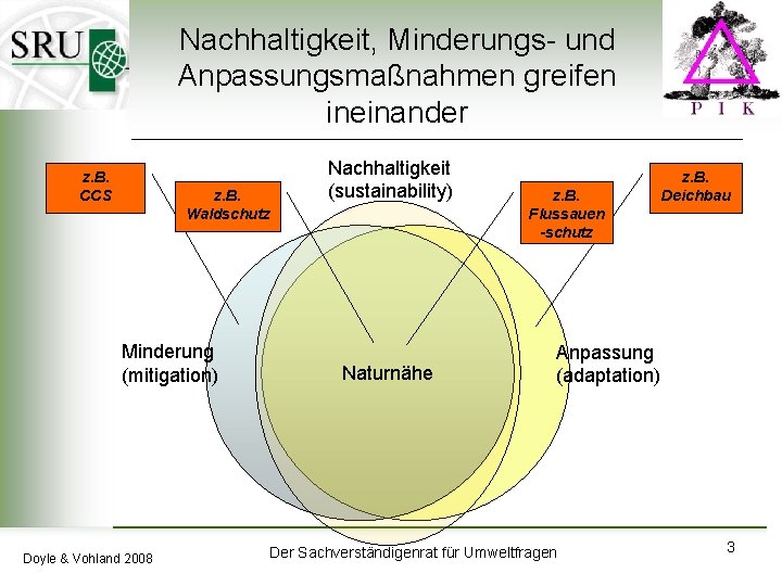 Nachhaltigkeit, Minderungs- und Anpassungsmaßnahmen greifen ineinander z. B. CCS z. B. Waldschutz Minderung (mitigation)