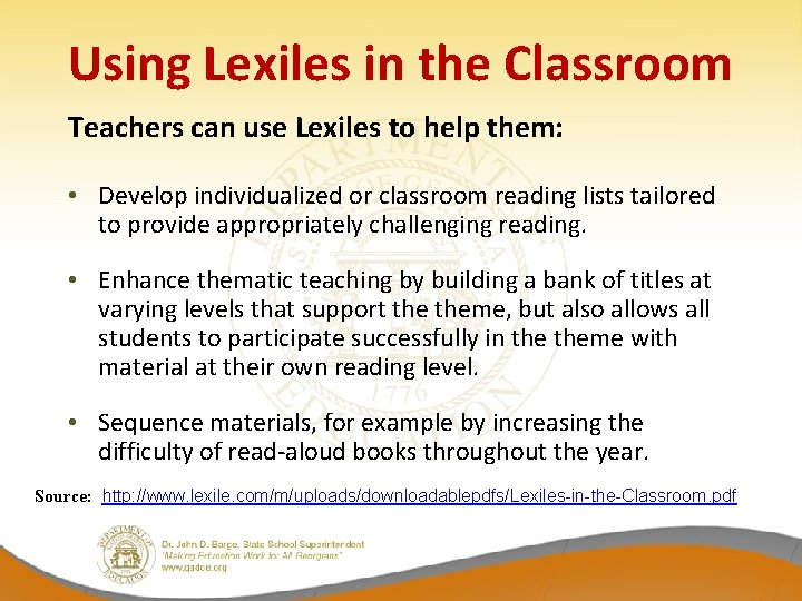 Using Lexiles in the Classroom Teachers can use Lexiles to help them: • Develop