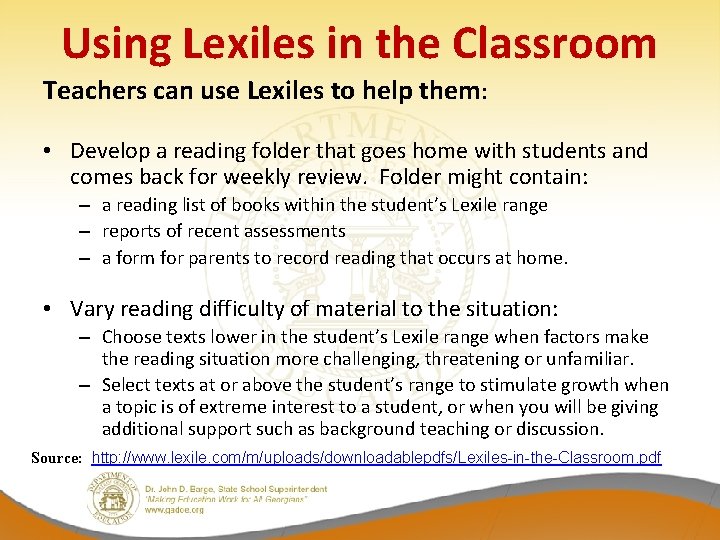 Using Lexiles in the Classroom Teachers can use Lexiles to help them: • Develop