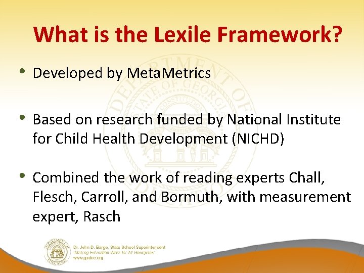 What is the Lexile Framework? • Developed by Meta. Metrics • Based on research