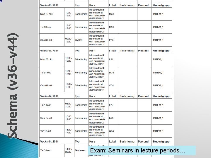 Schema (v 36 -v 44) Exam: Seminars in lecture periods… 