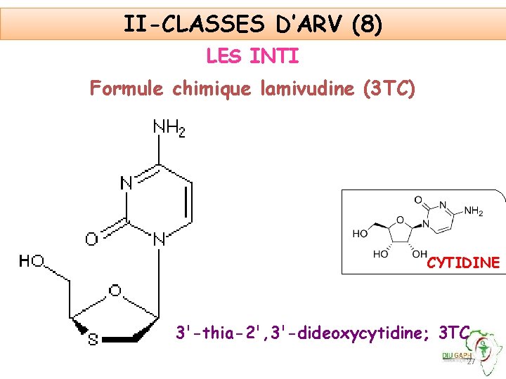 II-CLASSES D’ARV (8) LES INTI Formule chimique lamivudine (3 TC) CYTIDINE 3'-thia-2', 3'-dideoxycytidine; 3
