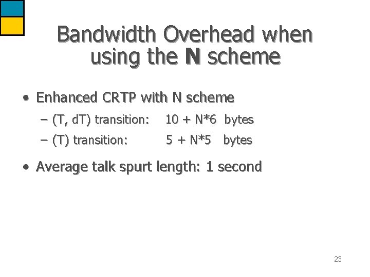 Bandwidth Overhead when using the N scheme • Enhanced CRTP with N scheme –