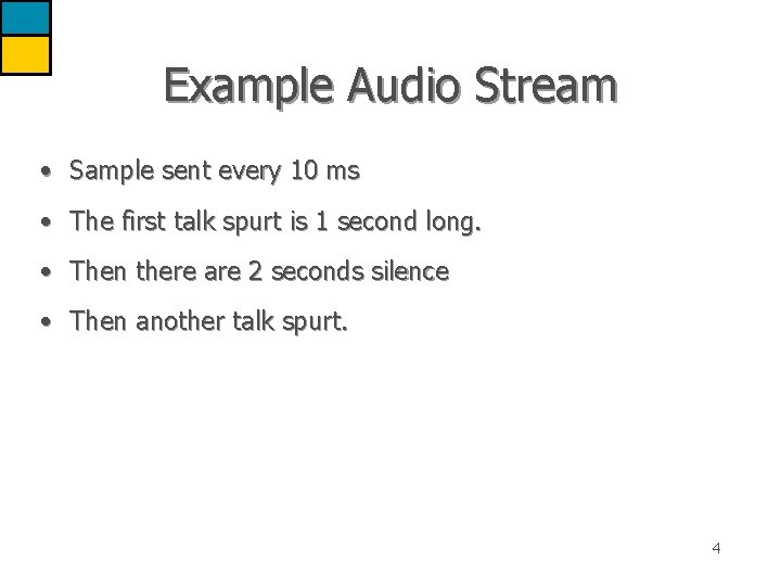 Example Audio Stream • Sample sent every 10 ms • The first talk spurt