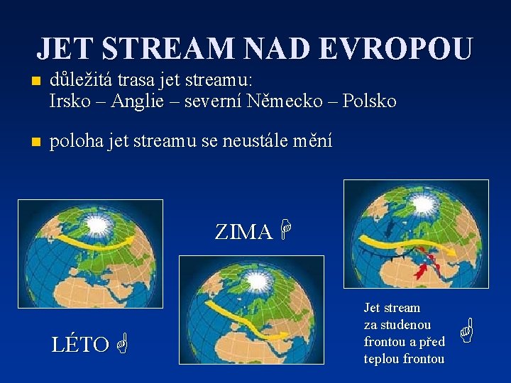 JET STREAM NAD EVROPOU n důležitá trasa jet streamu: Irsko – Anglie – severní