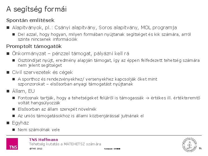 A segítség formái Spontán említések Alapítványok, pl. : Csányi alapítvány, Soros alapítvány, MOL programja