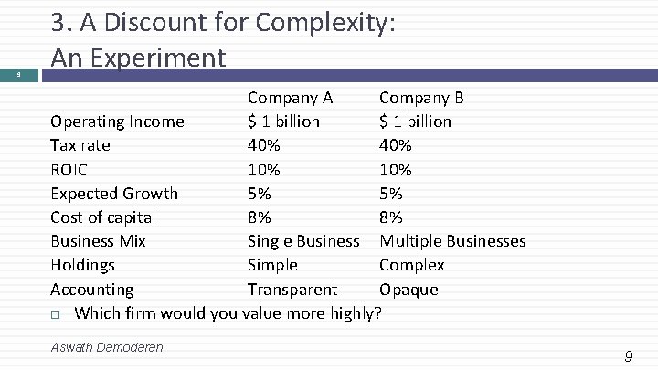 9 3. A Discount for Complexity: An Experiment Company A Company B Operating Income