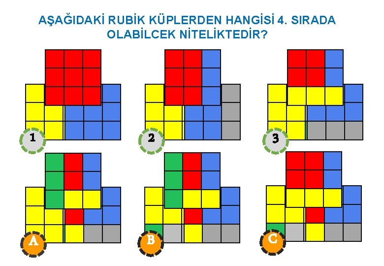 AŞAĞIDAKİ RUBİK KÜPLERDEN HANGİSİ 4. SIRADA OLABİLCEK NİTELİKTEDİR? 1 2 3 A B C