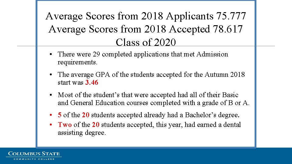 Average Scores from 2018 Applicants 75. 777 Average Scores from 2018 Accepted 78. 617