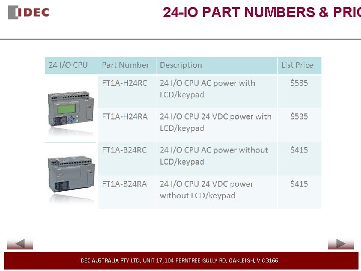 24 -IO PART NUMBERS & PRIC IDEC AUSTRALIA PTY LTD, UNIT 17, 104 FERNTREE