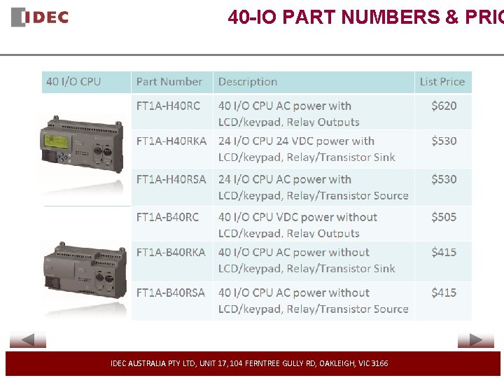 40 -IO PART NUMBERS & PRIC IDEC AUSTRALIA PTY LTD, UNIT 17, 104 FERNTREE