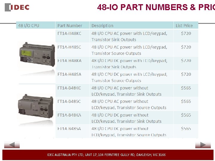 48 -IO PART NUMBERS & PRIC IDEC AUSTRALIA PTY LTD, UNIT 17, 104 FERNTREE