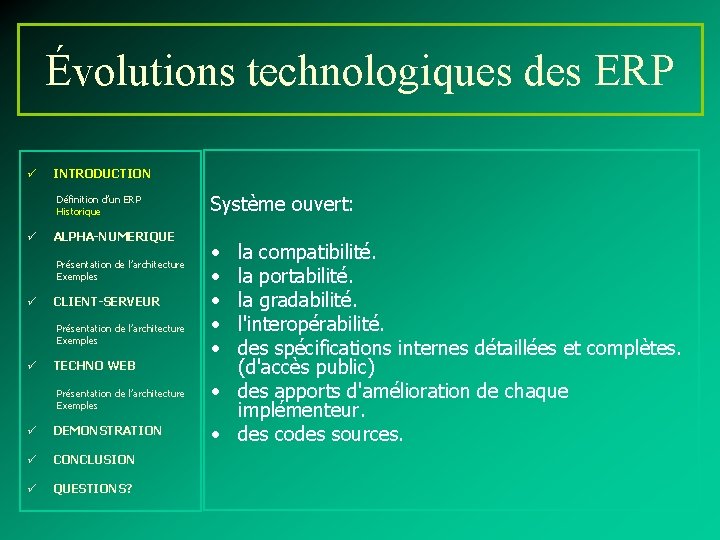 Évolutions technologiques des ERP ü INTRODUCTION Définition d’un ERP Historique ü ALPHA-NUMERIQUE Présentation de