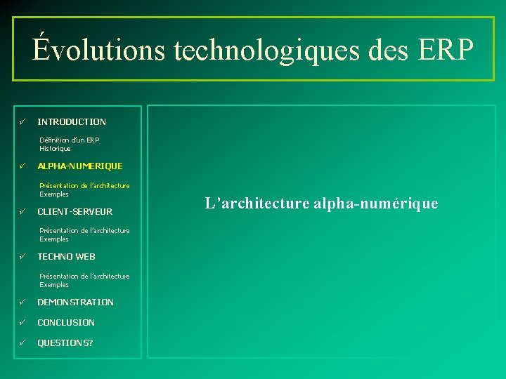 Évolutions technologiques des ERP ü INTRODUCTION Définition d’un ERP Historique ü ALPHA-NUMERIQUE Présentation de