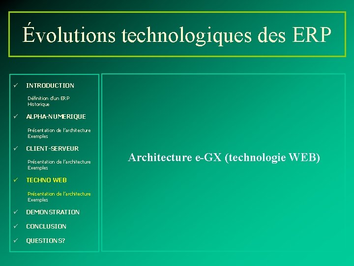 Évolutions technologiques des ERP ü INTRODUCTION Définition d’un ERP Historique ü ALPHA-NUMERIQUE Présentation de