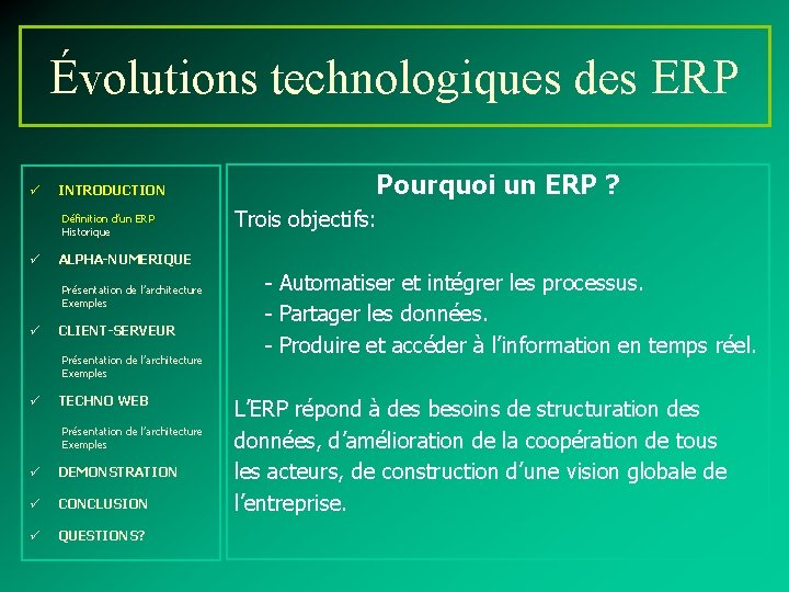 Évolutions technologiques des ERP ü INTRODUCTION Définition d’un ERP Historique ü ALPHA-NUMERIQUE Présentation de