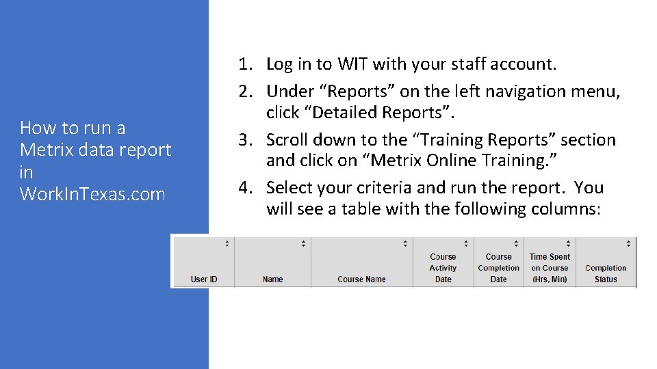 How to run a Metrix data report in Work. In. Texas. com 1. Log