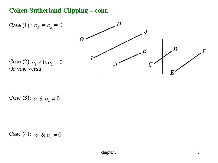 Cohen-Sutherland Clipping – cont. Case (1) : o 1. = o 2 = 0