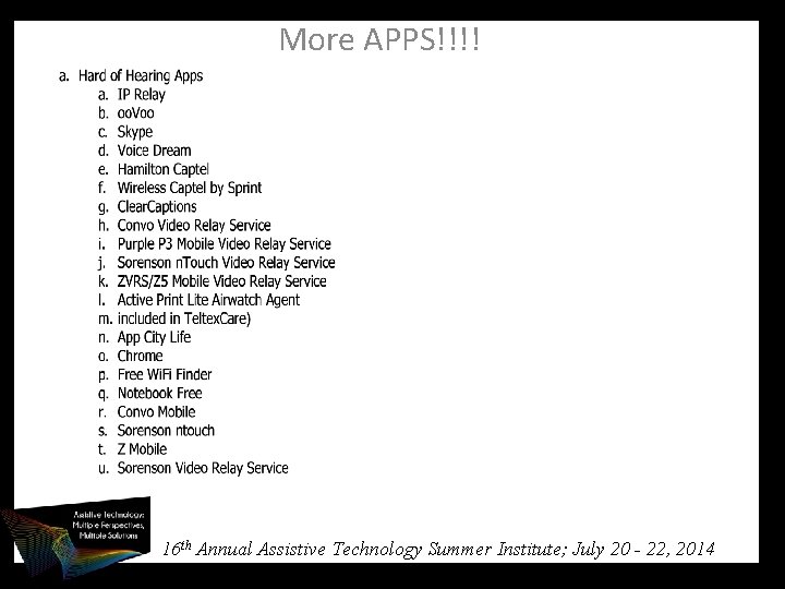 More APPS!!!! 16 th Annual Assistive Technology Summer Institute; July 20 - 22, 2014