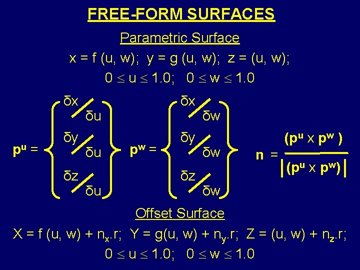 FREE-FORM SURFACES Parametric Surface x = f (u, w); y = g (u, w);