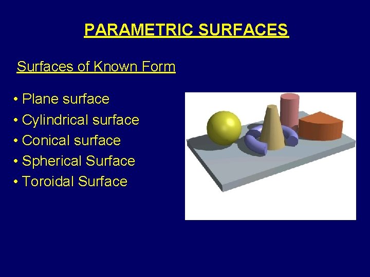 PARAMETRIC SURFACES Surfaces of Known Form • Plane surface • Cylindrical surface • Conical