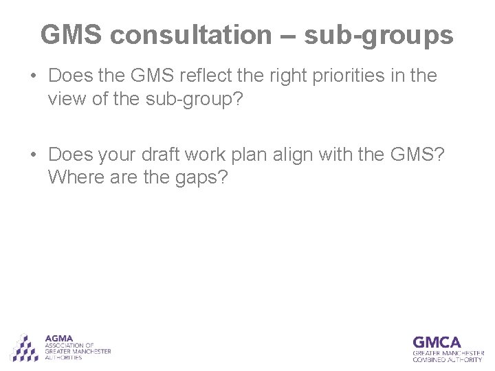 GMS consultation – sub-groups • Does the GMS reflect the right priorities in the