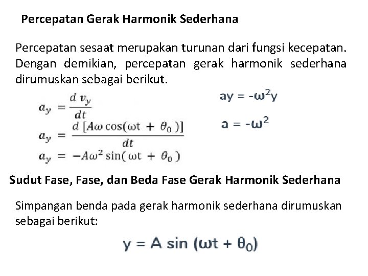 Percepatan Gerak Harmonik Sederhana Percepatan sesaat merupakan turunan dari fungsi kecepatan. Dengan demikian, percepatan