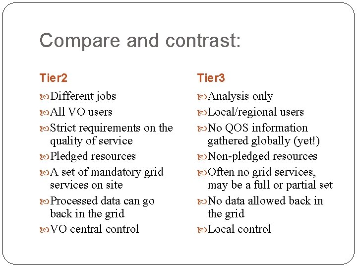 Compare and contrast: Tier 2 Tier 3 Different jobs Analysis only All VO users