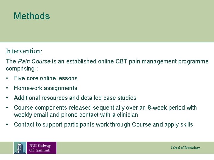 Methods Intervention: The Pain Course is an established online CBT pain management programme comprising