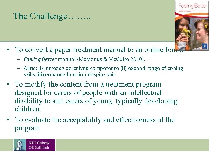 The Challenge……. . • To convert a paper treatment manual to an online format