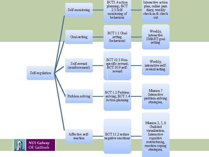 Self-monitoring BCT 1. 4 action planning; BCT 2. 3 Selfmonitoring of behaviour Interactive action