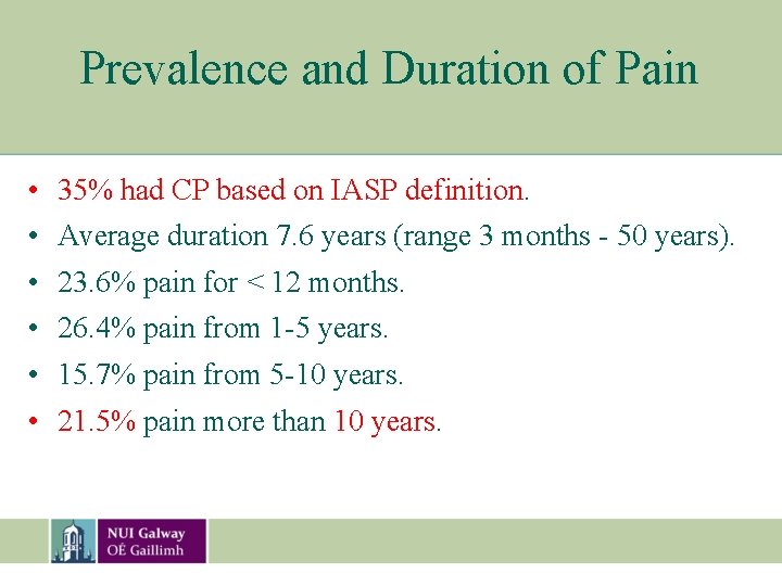 Prevalence and Duration of Pain • • • 35% had CP based on IASP