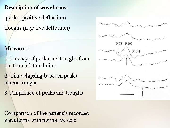 Description of waveforms: peaks (positive deflection) troughs (negative deflection) Measures: 1. Latency of peaks Description of waveforms: peaks (positive deflection) troughs (negative deflection) Measures: 1. Latency of peaks