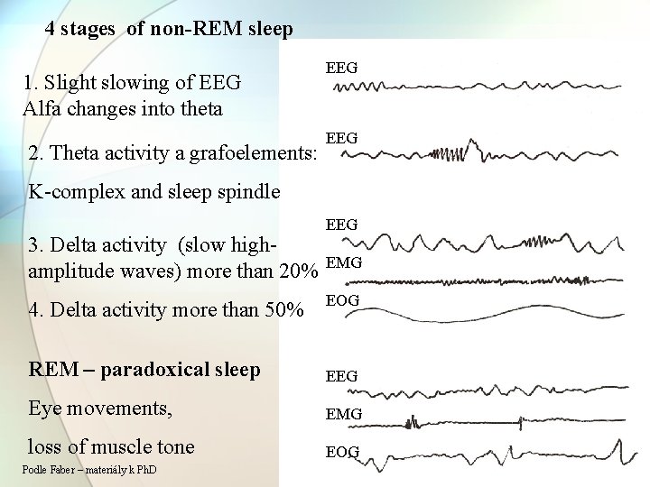 4 stages of non-REM sleep 1. Slight slowing of EEG Alfa changes into theta