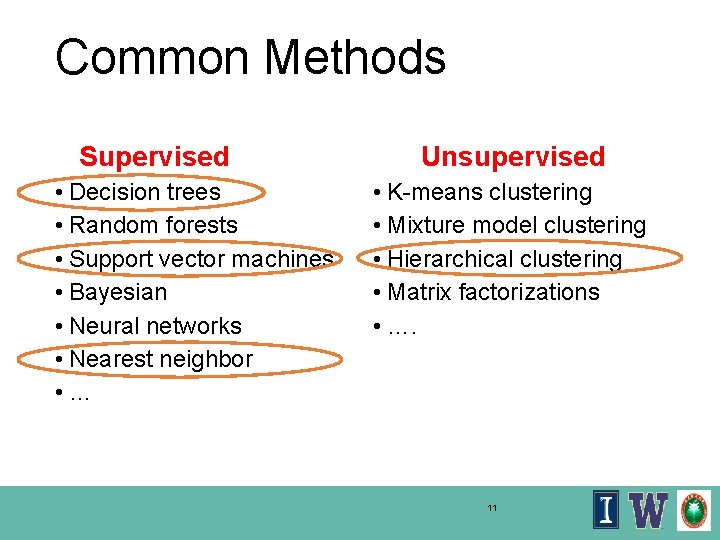 Common Methods Supervised • Decision trees • Random forests • Support vector machines •