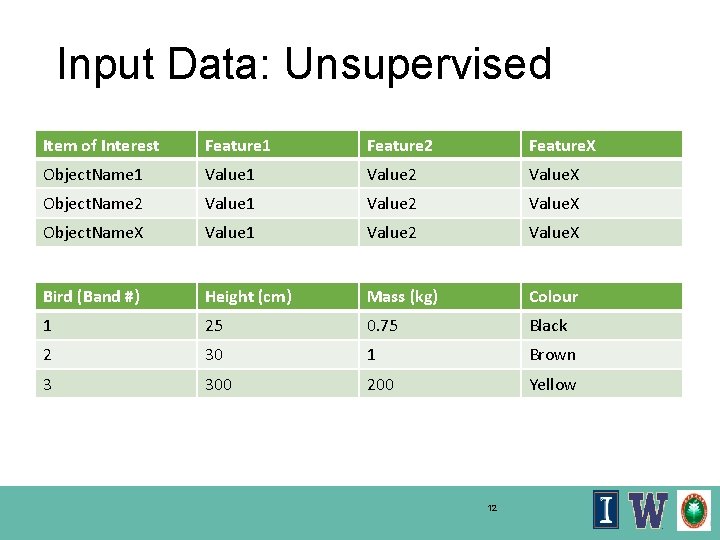 Input Data: Unsupervised Item of Interest Feature 1 Feature 2 Feature. X Object. Name