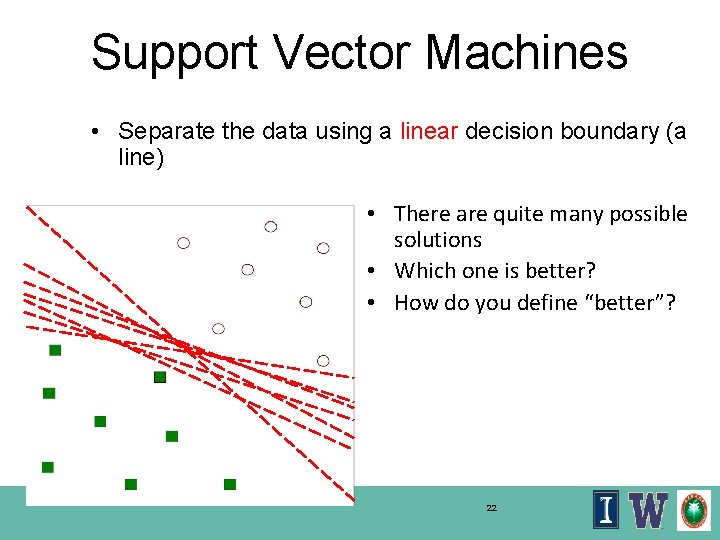 Support Vector Machines • Separate the data using a linear decision boundary (a line)