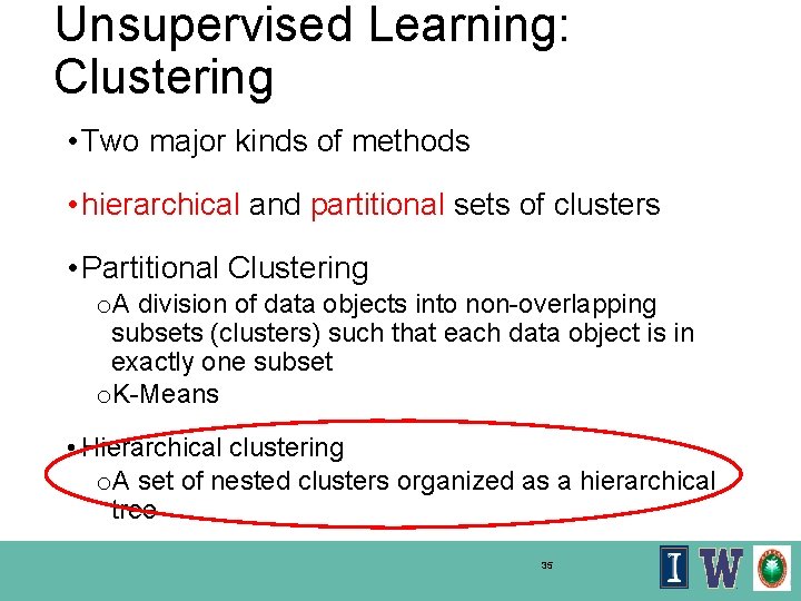 Unsupervised Learning: Clustering • Two major kinds of methods • hierarchical and partitional sets
