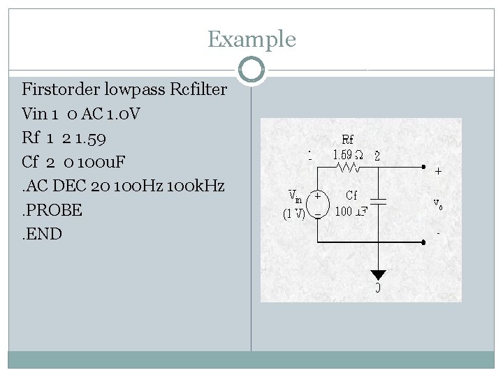 Example Firstorder lowpass Rcfilter Vin 1 0 AC 1. 0 V Rf 1 2