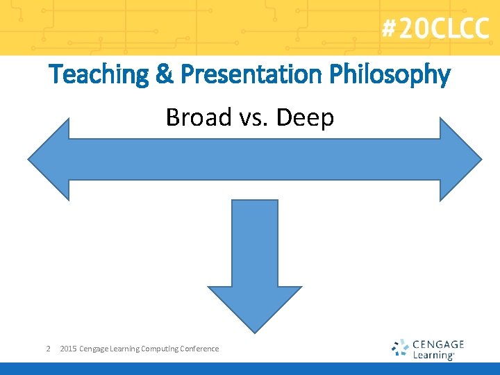 Teaching & Presentation Philosophy Broad vs. Deep 2 2015 Cengage Learning Computing Conference 