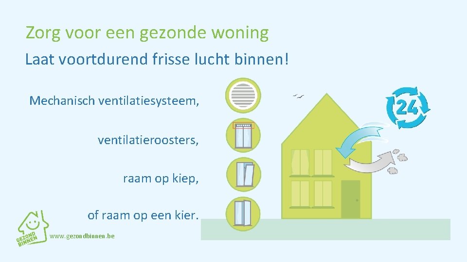 Zorg voor een gezonde woning Laat voortdurend frisse lucht binnen! Mechanisch ventilatiesysteem, ventilatieroosters, raam