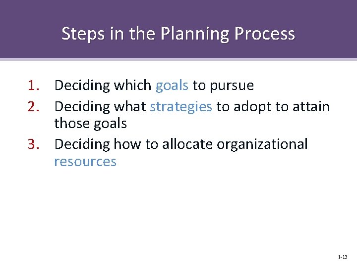 Steps in the Planning Process 1. Deciding which goals to pursue 2. Deciding what