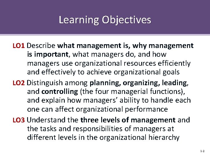 Learning Objectives LO 1 Describe what management is, why management is important, what managers