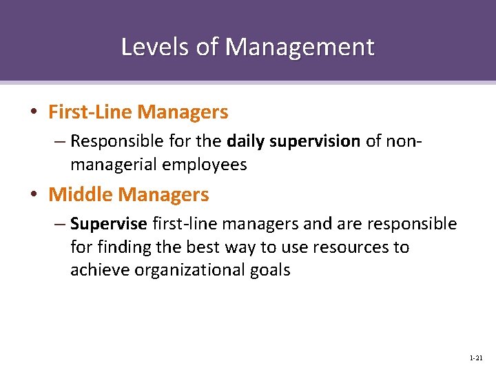 Levels of Management • First-Line Managers – Responsible for the daily supervision of nonmanagerial
