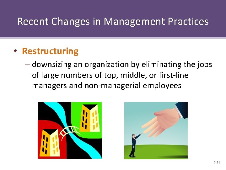 Recent Changes in Management Practices • Restructuring – downsizing an organization by eliminating the