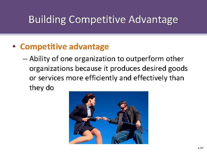 Building Competitive Advantage • Competitive advantage – Ability of one organization to outperform other